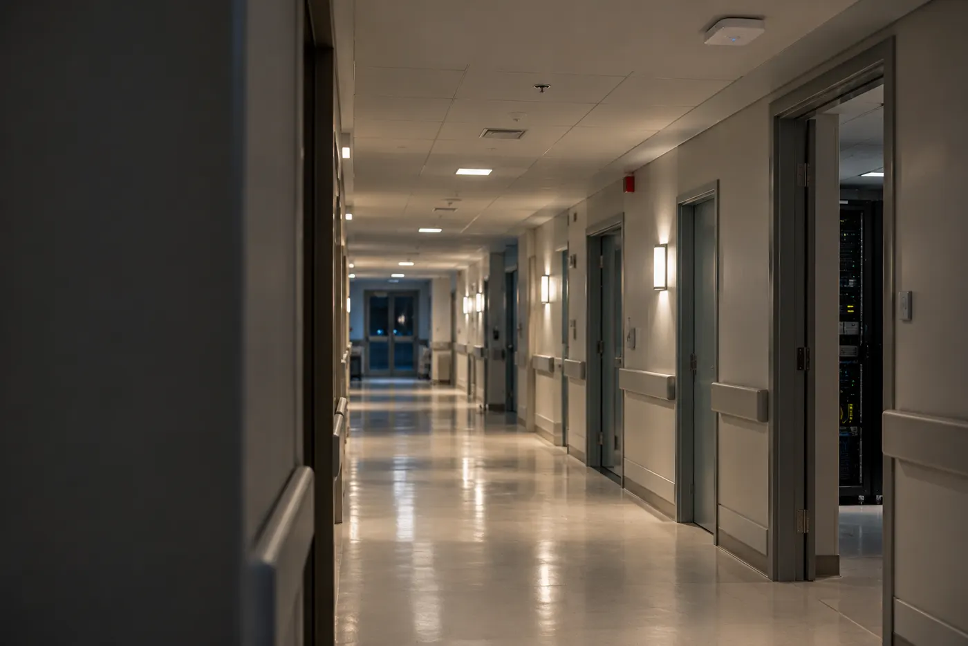 Corredor de hospital com sala técnica de rede ao lado (imagem ilustrativa)