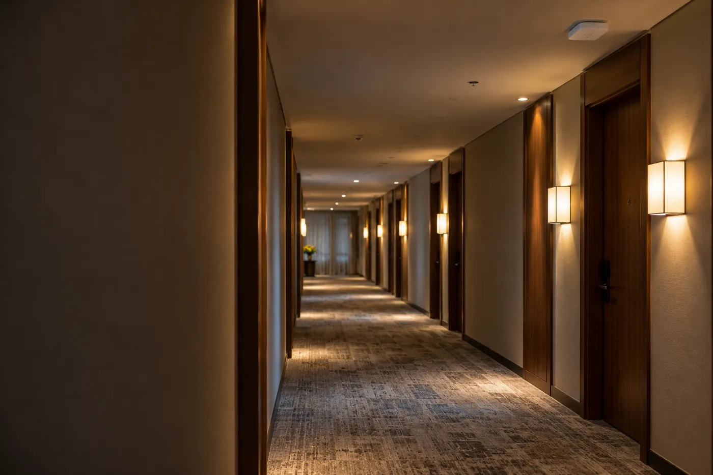 Corredor de hotel com ponto de acesso Wi-Fi discreto no teto (imagem ilustrativa)