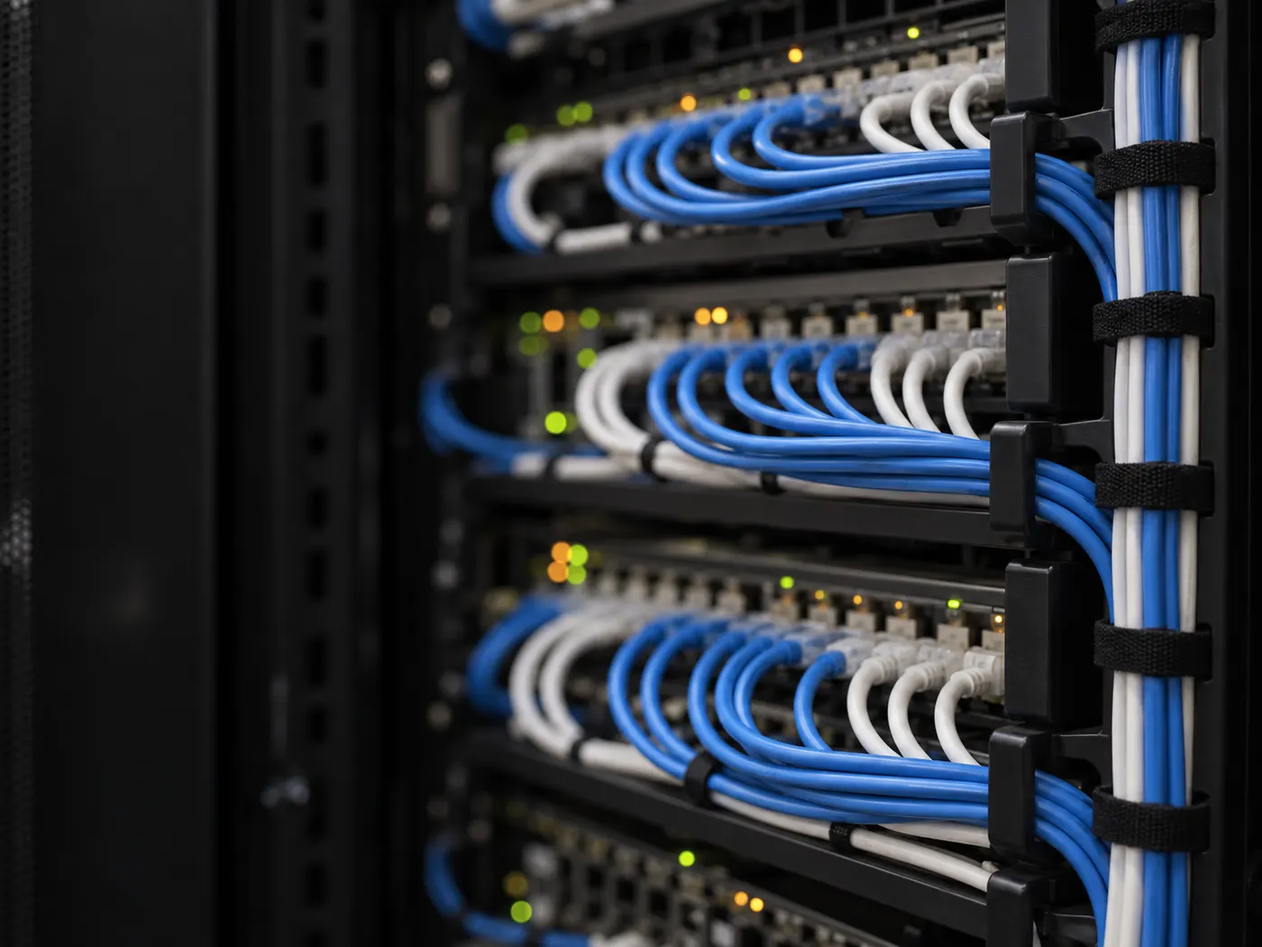Rack de rede com patch cords azuis e brancos organizados (imagem ilustrativa)