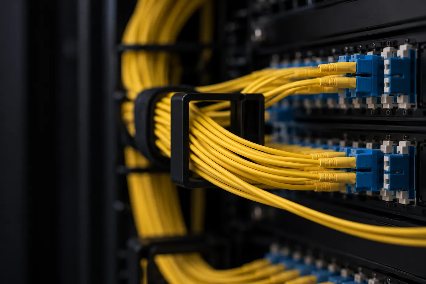 Cordões de fibra óptica monomodo conectados a um distribuidor no rack (imagem ilustrativa)